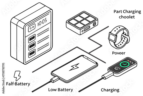 Isometric view of various devices including a phone watch and battery pack with charging indications shown on transparent background