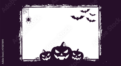 Spooky Halloween frame with grinning pumpkins, bats, and a spiderweb