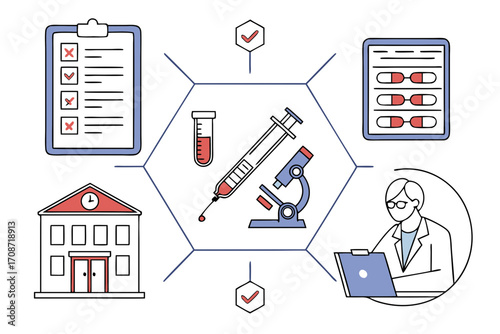 Illustration showcasing medical research elements including a doctor, microscope, and various medical tools on transparent background
