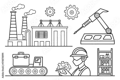 Line drawing of a factory with smokestacks gears robotic arm and worker holding a gear with machinery on transparent background