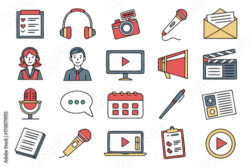 Illustration of various media and communication icons including camera, microphone, and office supplies items on transparent background