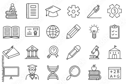 Illustration depicting various educational icons including books, graduation cap, and scientific equipment on transparent background