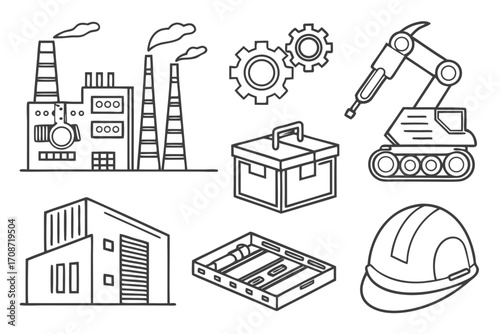 Outlined industrial scene showcasing a factory, gears, robot, toolbox, building, and a hard hat design on transparent background