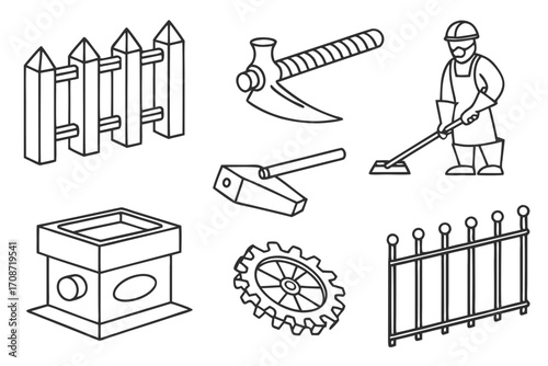 Illustration of a worker with tools including an axe, gear, fence, and other equipment in line art on transparent background