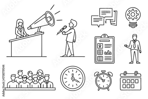 Illustration showing a presentation with a speaker, audience, and business related icons around it on transparent background