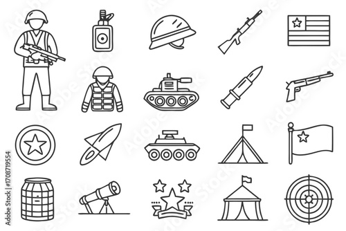 Illustration showing military themed icons including soldier tank rifle flag and other related objects on transparent background