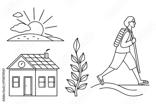 Illustration of a house with a clock, sun with clouds, plant, and a person hiking with a backpack and stick on transparent background