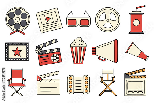 A collection of movie themed icons including film reel, clapperboard, popcorn and director's chair is shown on transparent background