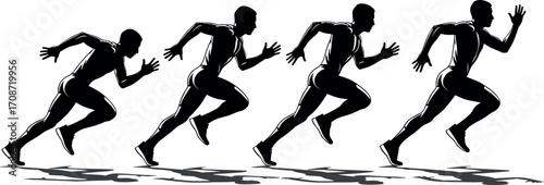 Silhouette of male sprinter in motion sequence showing dynamic running posture, speed, athletic power, and sports biomechanics for training visuals