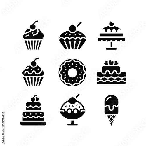 Collection of delicious sweet dessert icons cupcakes cakes donut ice cream sundae for food graphics