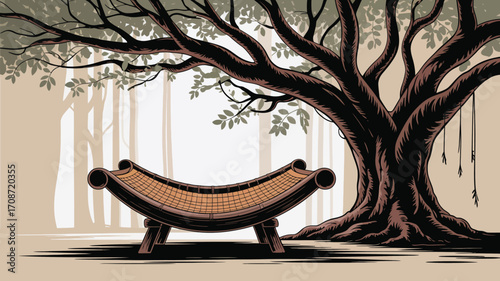 Find peaceful relaxation on a serene hammock under a majestic tree in a tranquil forest setting