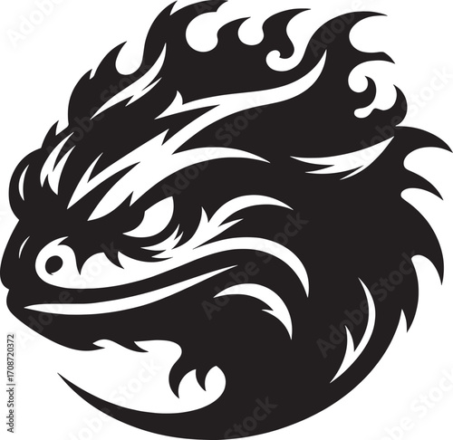 Intense silhouette of a fierce salamander head with fiery mane tribal style