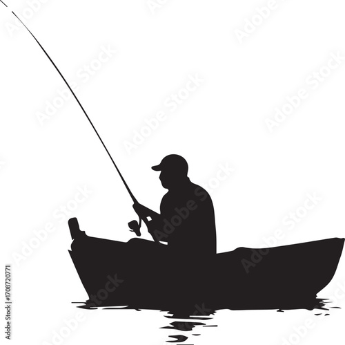 Silhouette of a Fisherman in a Boat on the Water with a Fishing Rod