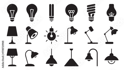 Vector illustration of various light bulbs and lamps types for interior and exterior lighting design