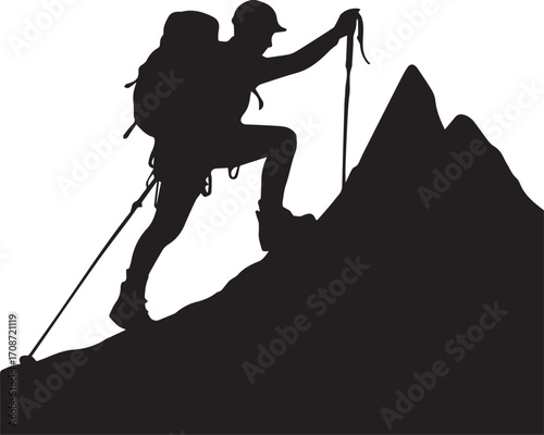 Silhouette of a hiker climbing a mountain with trekking poles and backpack