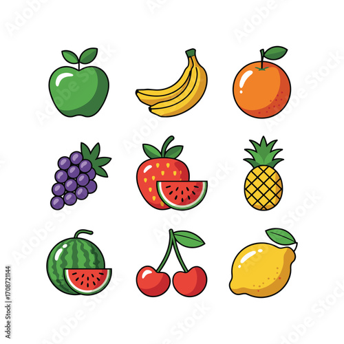 Vibrant assortment of fresh fruits displayed in a grid pattern for healthy eating concepts
