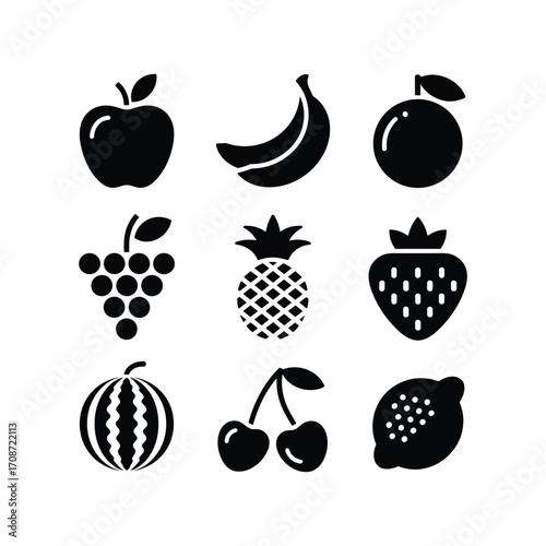 Collection of nine simple black fruit icons arranged in a grid for graphic design and healthy eating themes.