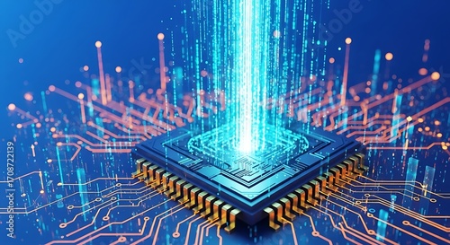 Central processor with glowing blue energy beam and circuits