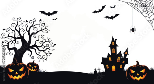 Spooky Halloween scene with haunted house, carved pumpkins, bats, and a gnarled tree