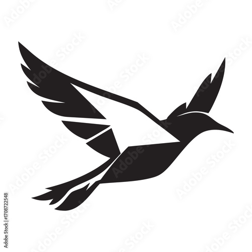 A stylized, geometric silhouette of a bird in mid-flight with wings outstretched, rendered in solid black 
