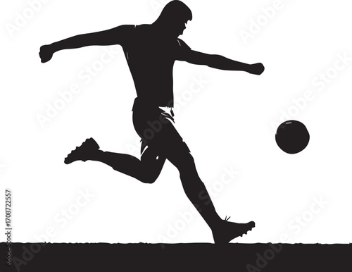 Silhouette of a soccer player kicking a ball on a white background