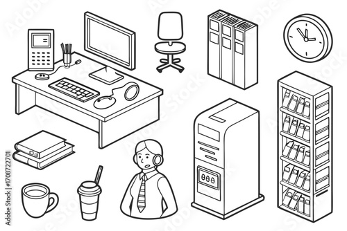 Isometric office scene with desk, computer, chair, filing cabinet, clock, and support staff member on transparent background