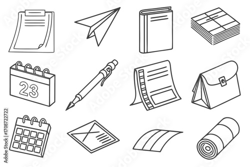 Outline drawings of office and school supplies including a calendar paper airplane and a sleeping bag item set on transparent background