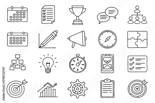 Illustration of business and planning icons including calendar target and chart displayed in a line art style on transparent background