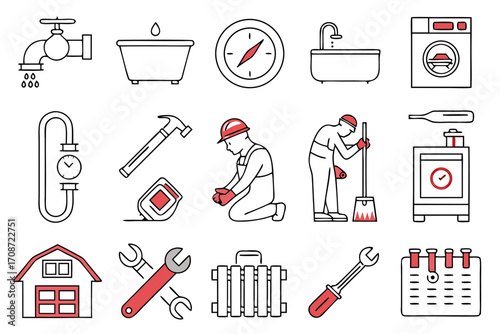 Illustration of plumbing, cleaning, and construction tools and equipment with workers in red and black on transparent background