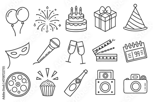 Collection of party themed line art icons including balloons, cake, fireworks, gift and party hat design on transparent background