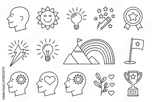 Line art illustration featuring head profiles, light bulbs, sun, mountain, rainbow, stars, and trophy icons on transparent background