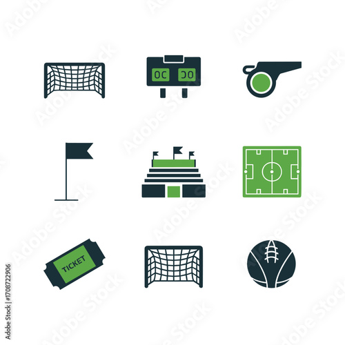 Collection of soccer football icons including goal stadium scoreboard whistle flag and ticket