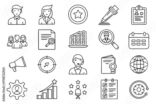 Collection of business and management icons including people, documents, charts, and office equipment icons on transparent background
