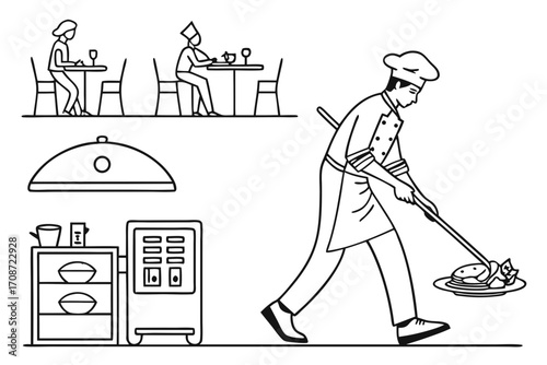 Illustration of a chef carrying a plate of food with diners, kitchen equipment, and serving dish present on transparent background