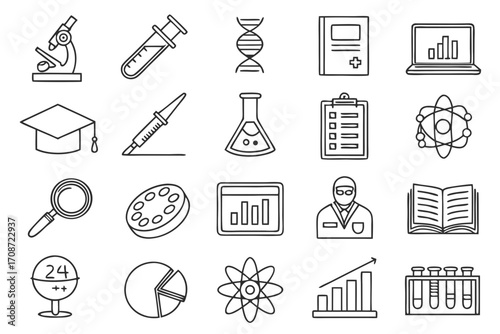 Collection of science and research icons including microscope, dna, and various data representations on transparent background