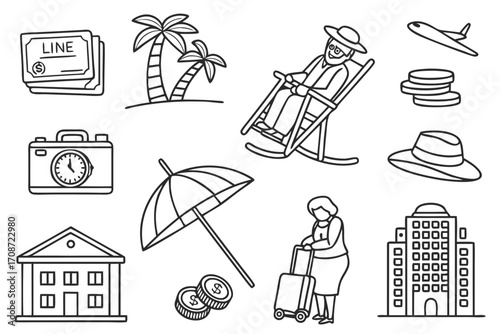 Doodle style retirement and travel icons including palm trees, beach umbrella, and airplane illustration on transparent background