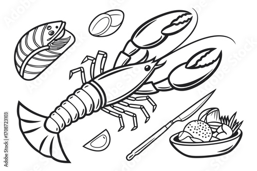 Outlined illustration of a lobster, mussel, lemon slice, and a bowl of food with a knife nearby on transparent background