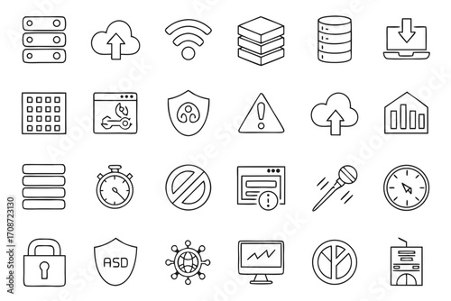 Illustration showing a variety of networking and technology icons depicting data and connections and security on transparent background