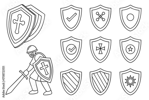 Line art illustration featuring a knight with a sword and various shield designs in a simple black outline on transparent background
