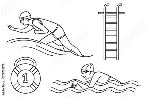 Line drawing of swimmers in a pool with a ladder and a life preserver with the number one inside it on transparent background