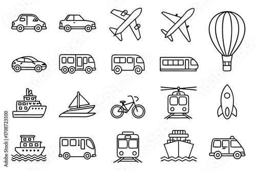 Collection of various transportation vehicles including cars, buses, planes, boats, and trains in outline style on transparent background