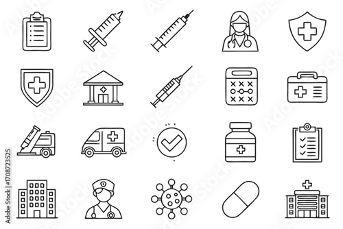Illustration showing medical icons including syringes, doctors, hospitals, and medical transportation items on transparent background