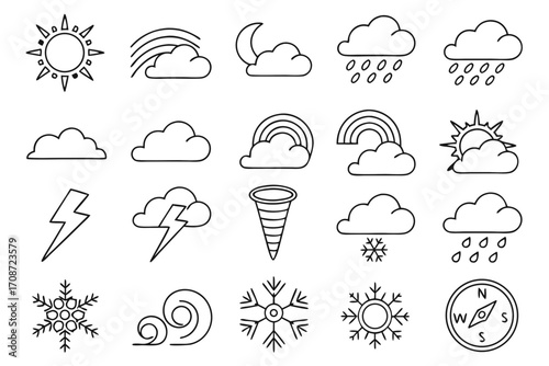 Illustration of weather icons including sun, moon, clouds, rain, snow, rainbow, lightning, tornado, compass on transparent background