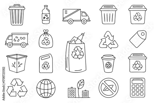 Illustration of various recycling themed icons including bins trucks bags and the recycle symbol itself on transparent background