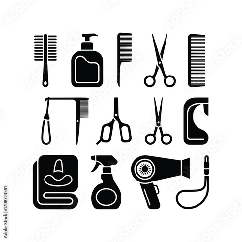 Collection of hairdresser tools and accessories icons for salon and barber shop services