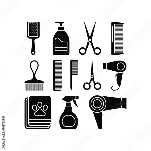 Collection of dog grooming tools icons including brushes combs scissors and hairdryer