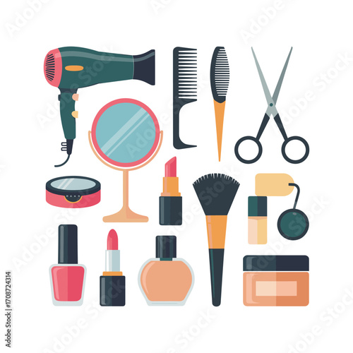 Collection of various professional hair and makeup beauty tools and cosmetics for styling and personal care
