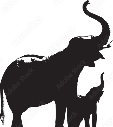 Silhouette of mother and baby elephant with trunks raised against white background