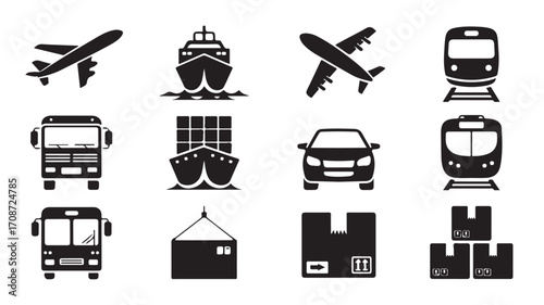 Transportation logistics vector icons set shipping delivery freight movement cargo travel vehicles silhouette