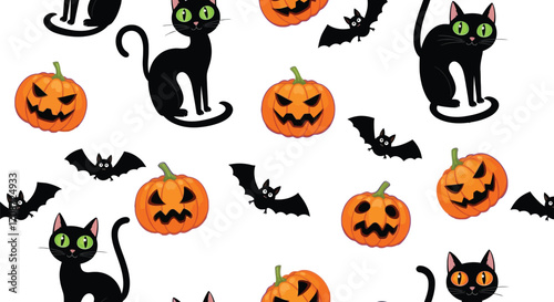 Spooky Halloween pattern with black cats, pumpkins, and bats on a white background.